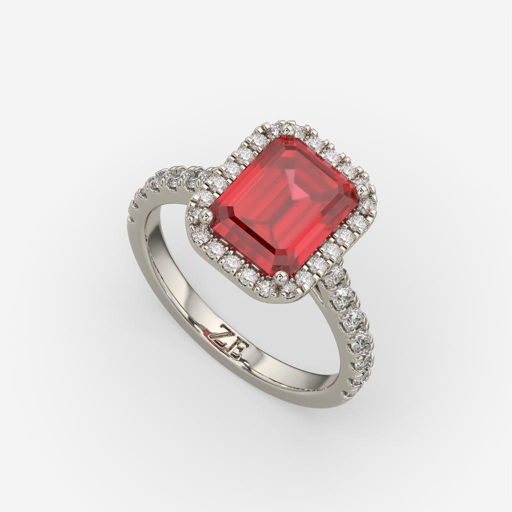 3.50 Ct Emerald Cut Red Ruby and Diamond Ring, in white gold, front view