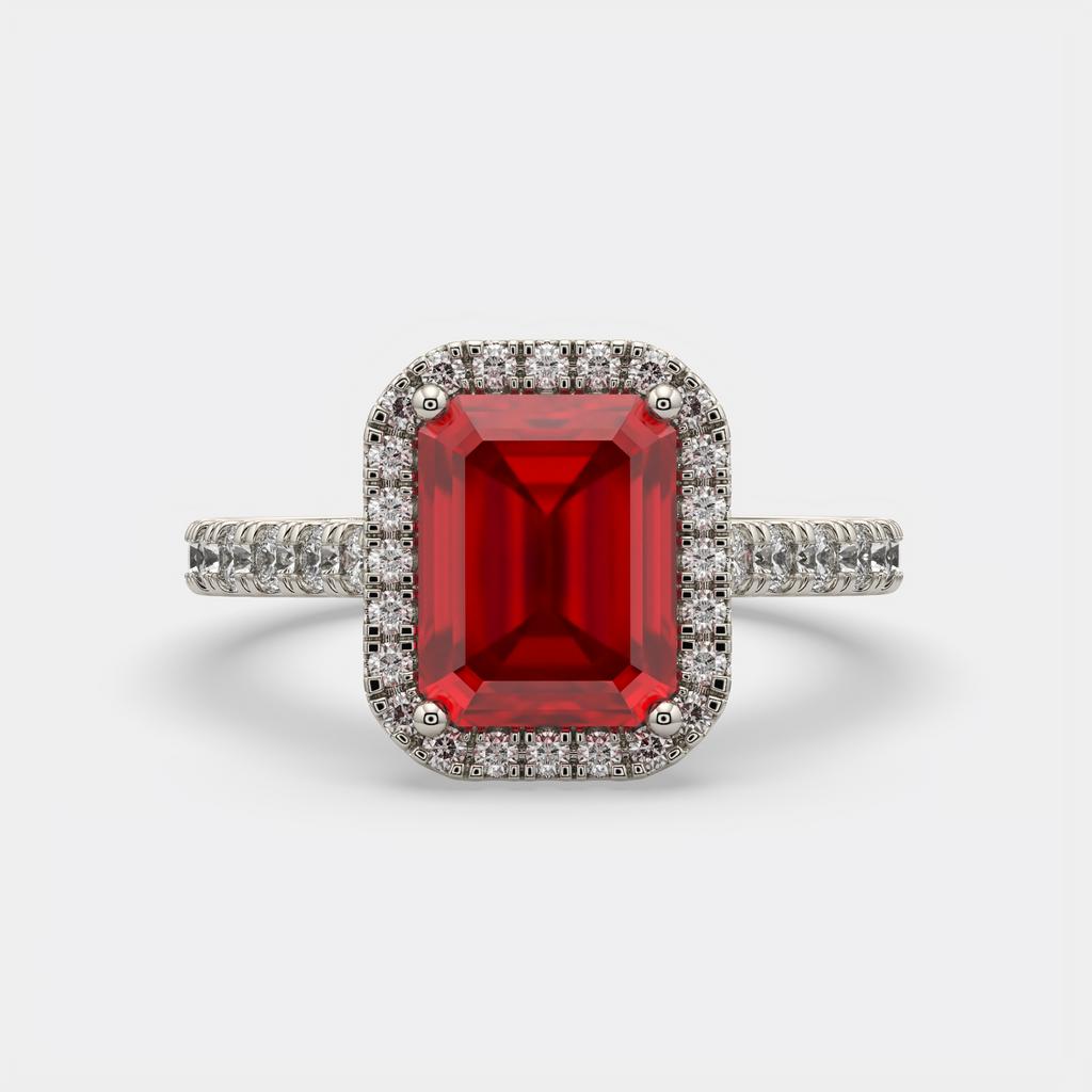 3.50 Ct Emerald Cut Red Ruby and Diamond Ring, in white gold, top view