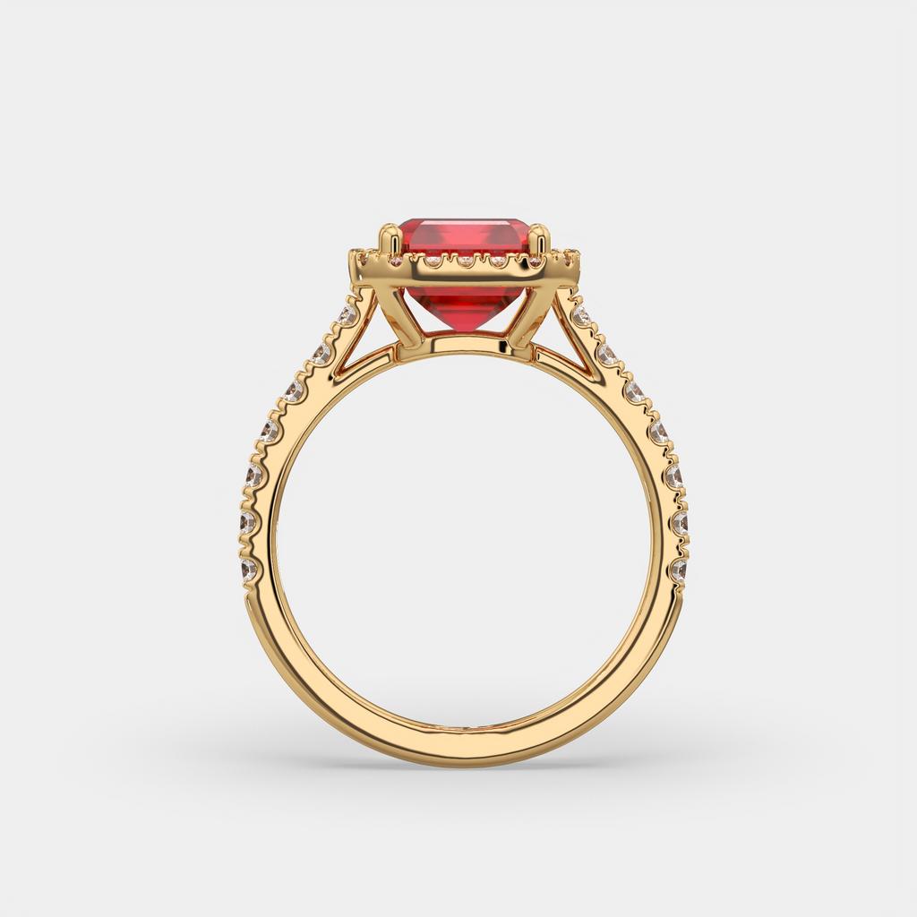 3.50 Ct Emerald Cut Red Ruby and Diamond Ring, in yellow gold, side profile