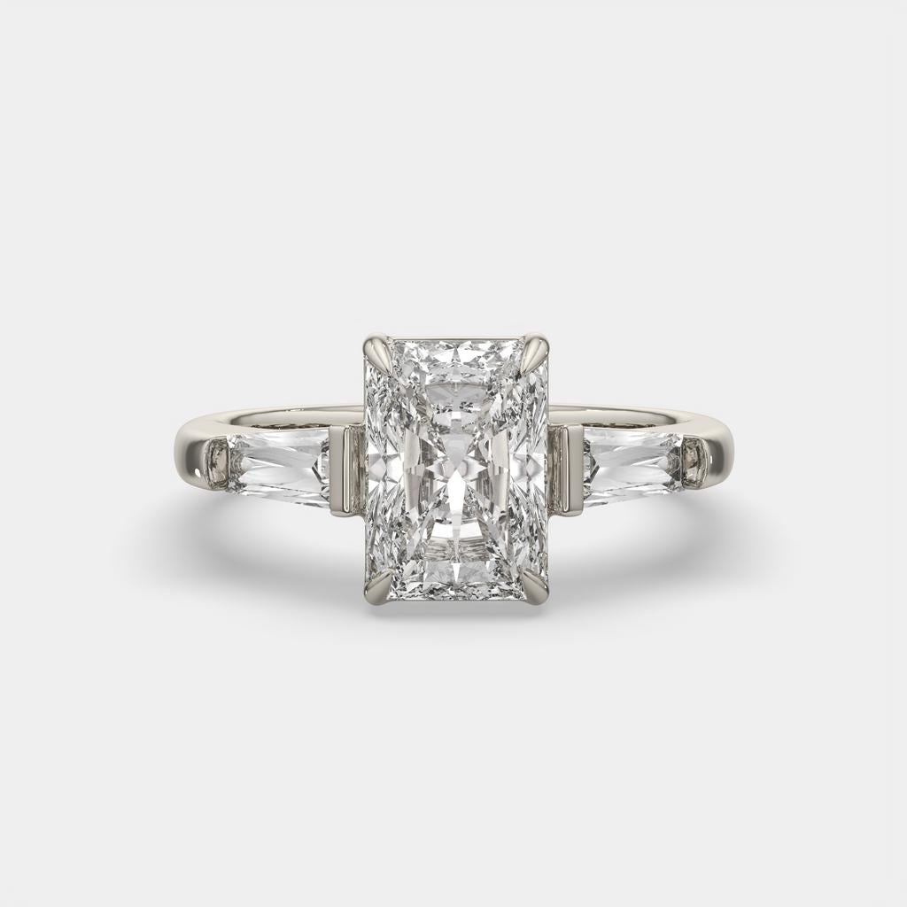 3.50 Ct Radiant Cut D VS1 Diamond Three Stone Ring With Tapered Baguettes, in white gold, front view
