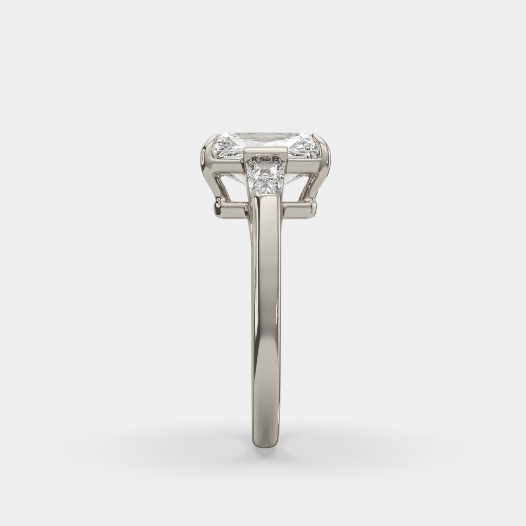 3.50 Ct Radiant Cut D VS1 Diamond Three Stone Ring With Tapered Baguettes, in white gold, side profile