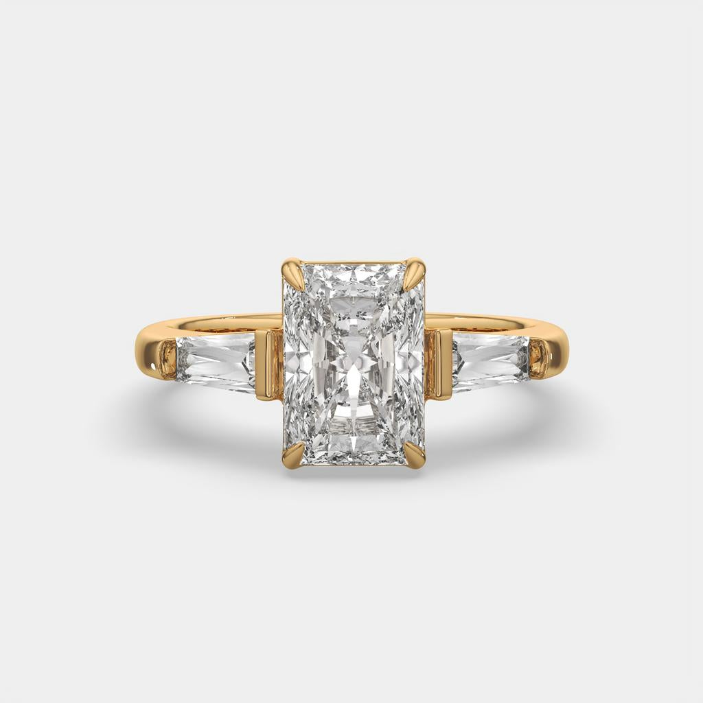 3.50 Ct Radiant Cut D VS1 Diamond Three Stone Ring With Tapered Baguettes, in yellow gold, front view