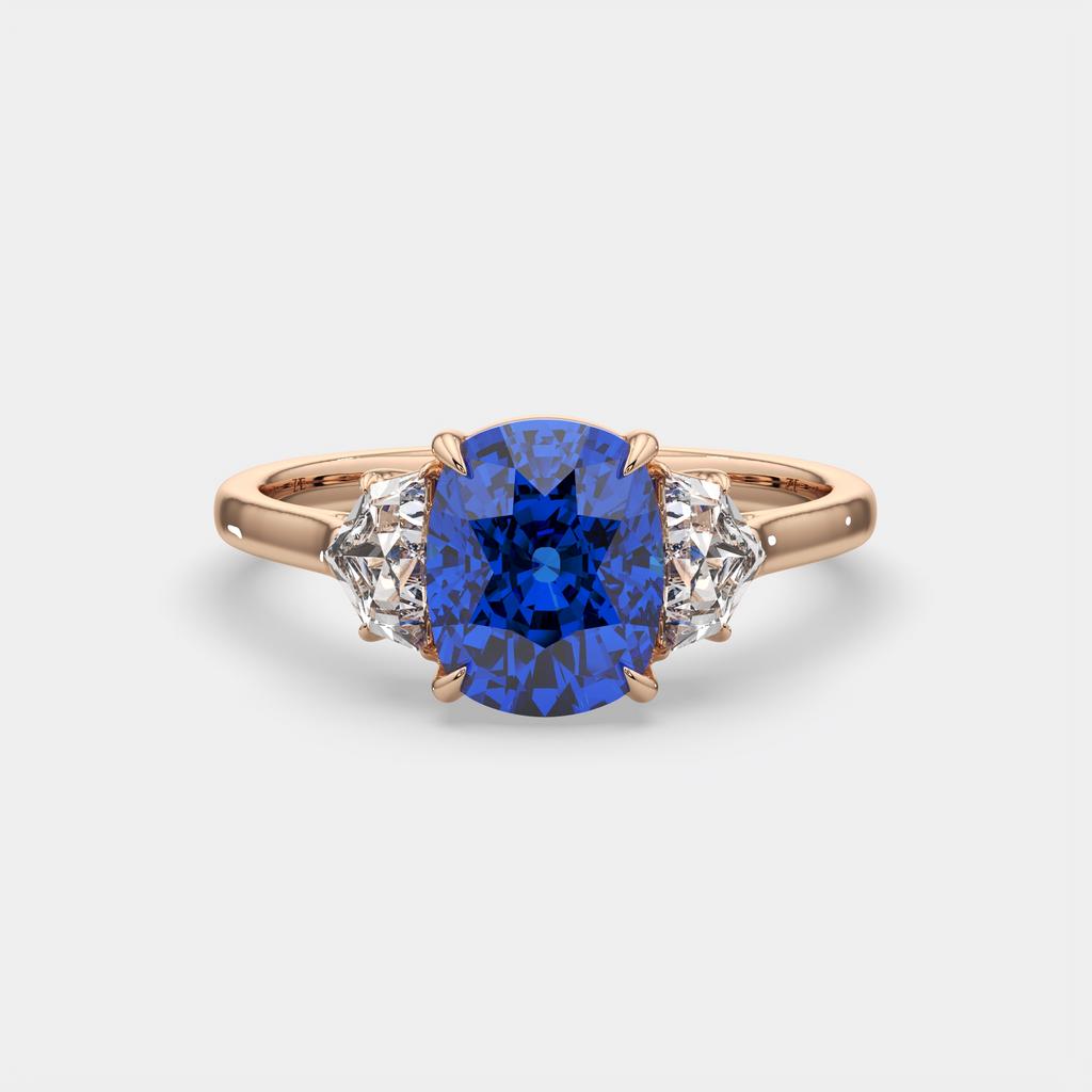 4.00 Ct Cushion Blue Sapphire and Diamond Three Stone Ring, in rose gold, front view