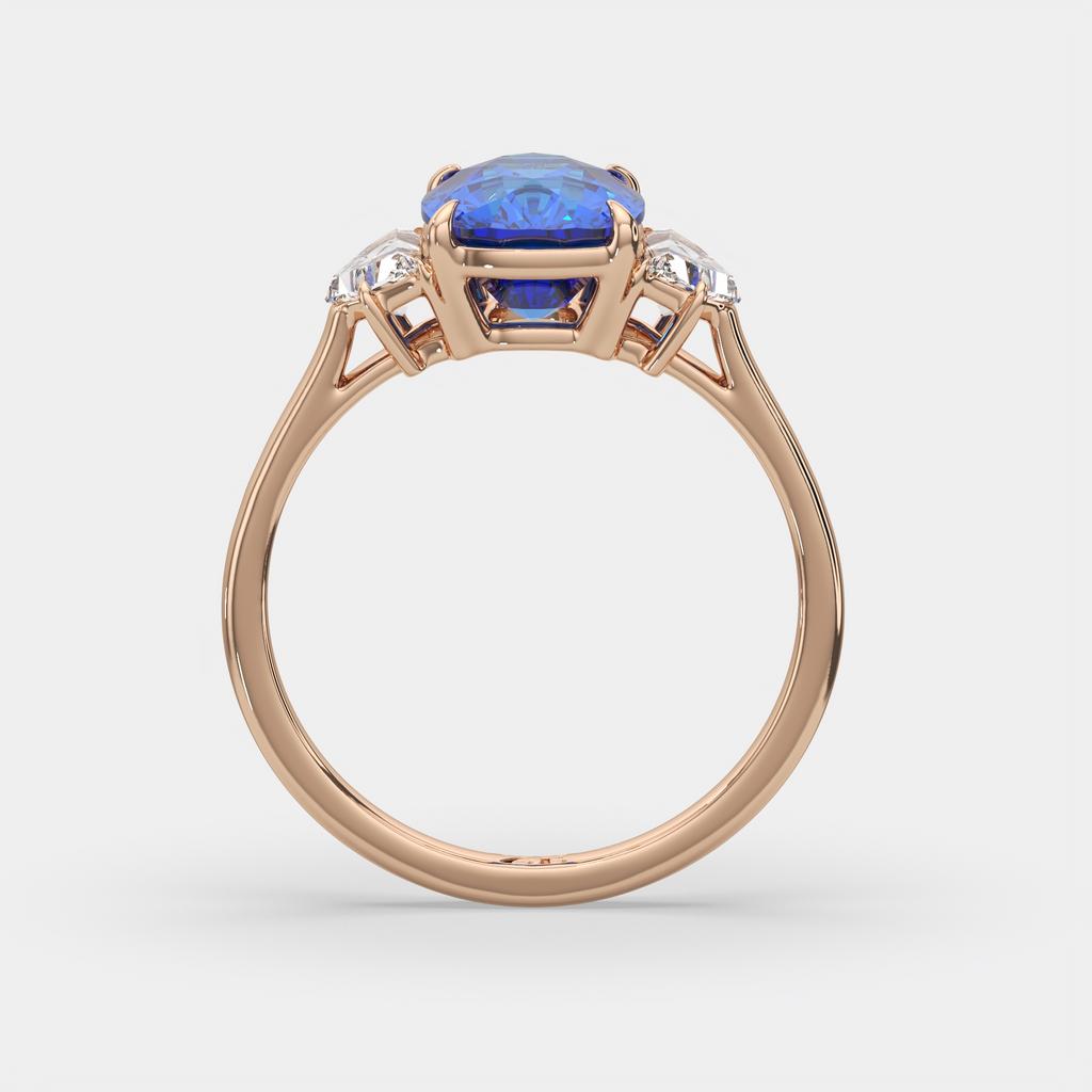 4.00 Ct Cushion Blue Sapphire and Diamond Three Stone Ring, in rose gold, side profile