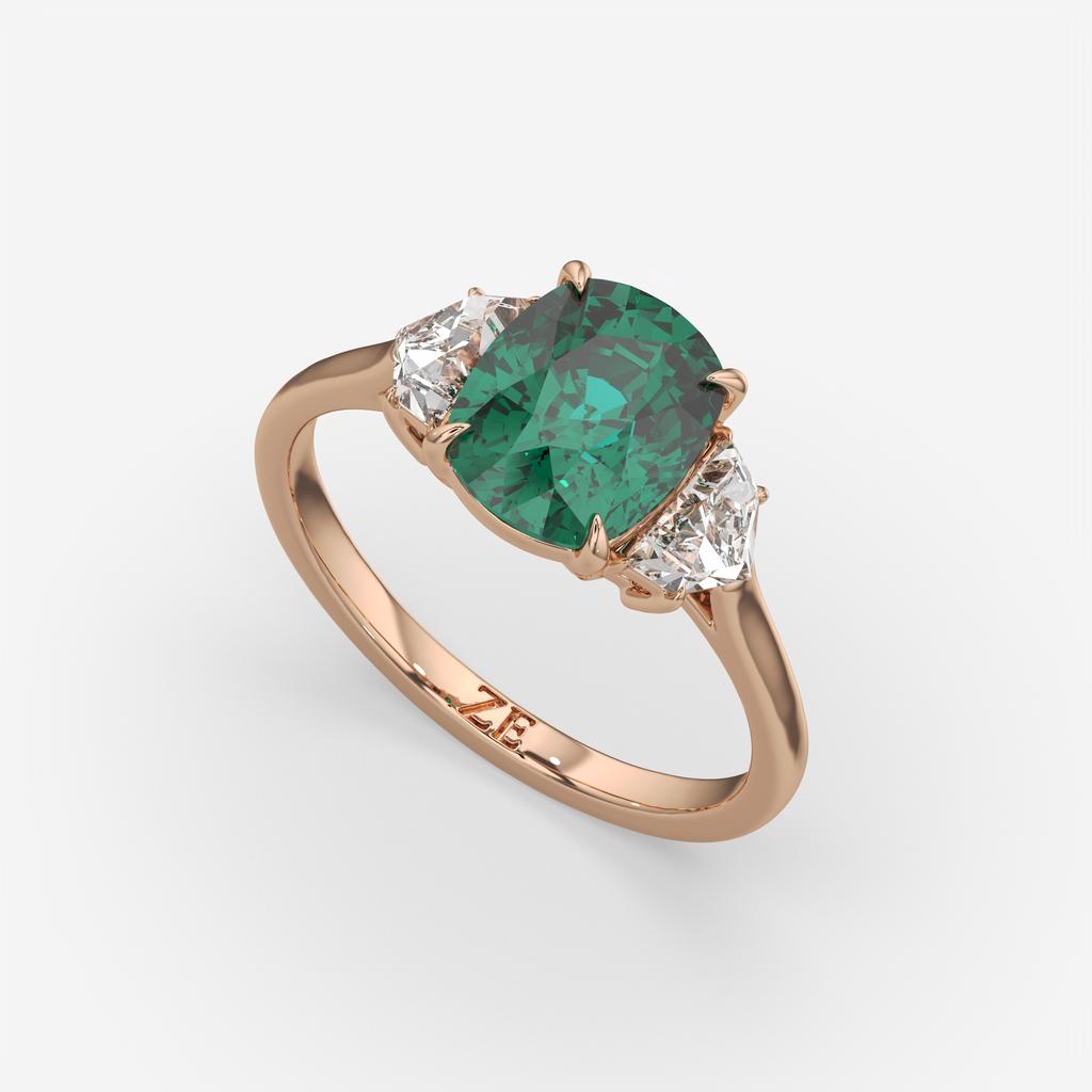 4.00 Ct Cushion Green Emerald and Diamond Three Stone Ring, in rose gold, front view