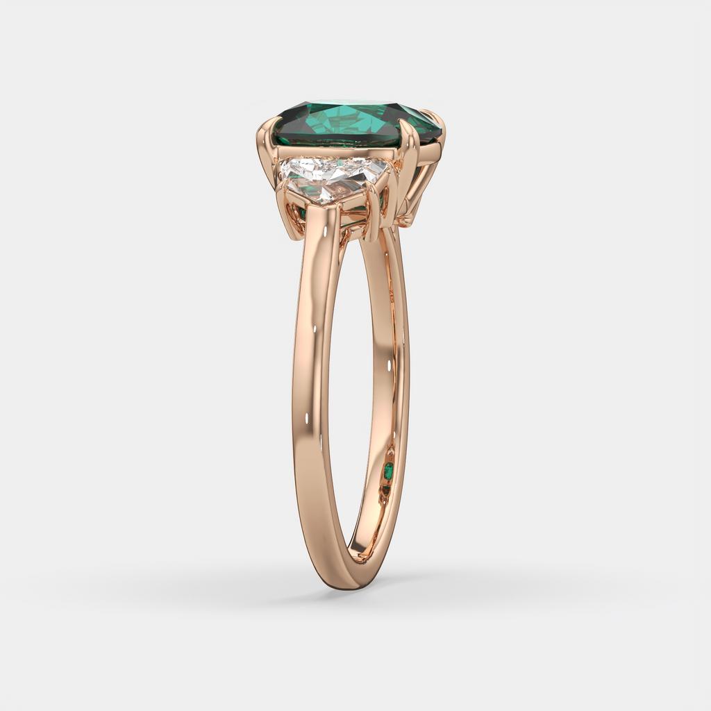 4.00 Ct Cushion Green Emerald and Diamond Three Stone Ring, in rose gold, side profile