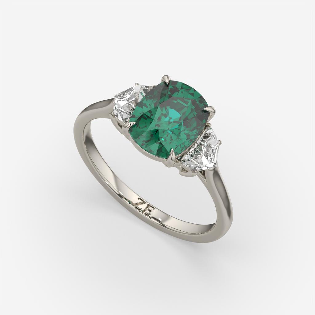 4.00 Ct Cushion Green Emerald and Diamond Three Stone Ring, in white gold, front view