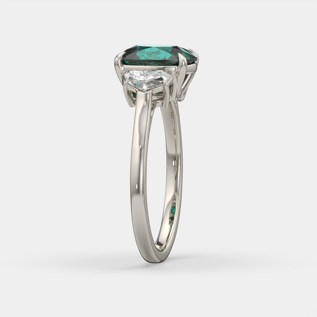 4.00 Ct Cushion Green Emerald and Diamond Three Stone Ring, in white gold, side profile