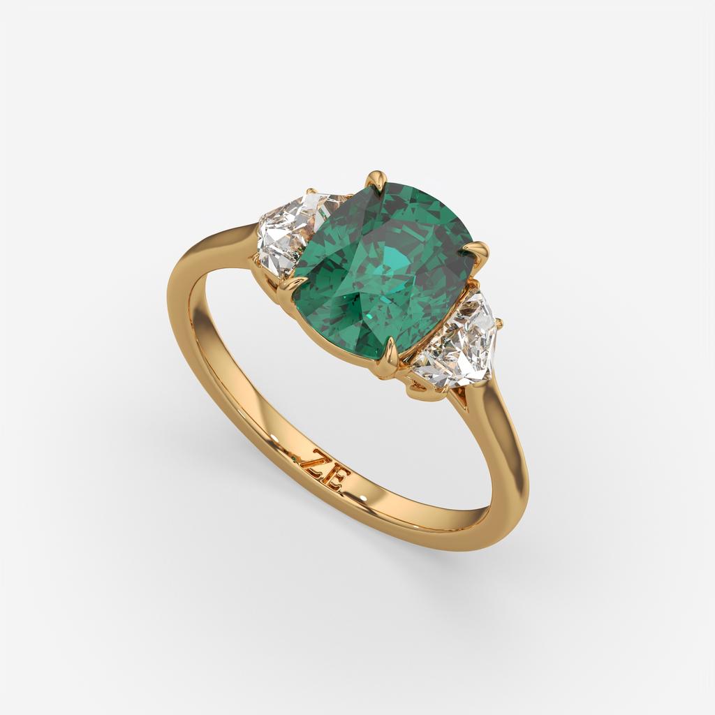 4.00 Ct Cushion Green Emerald and Diamond Three Stone Ring, in yellow gold, front view