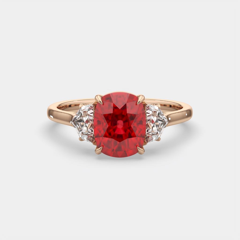 4.00 Ct Cushion Red Ruby and Diamond Three Stone Ring, in rose gold, front view