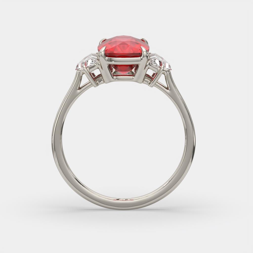 4.00 Ct Cushion Red Ruby and Diamond Three Stone Ring, in white gold, side profile