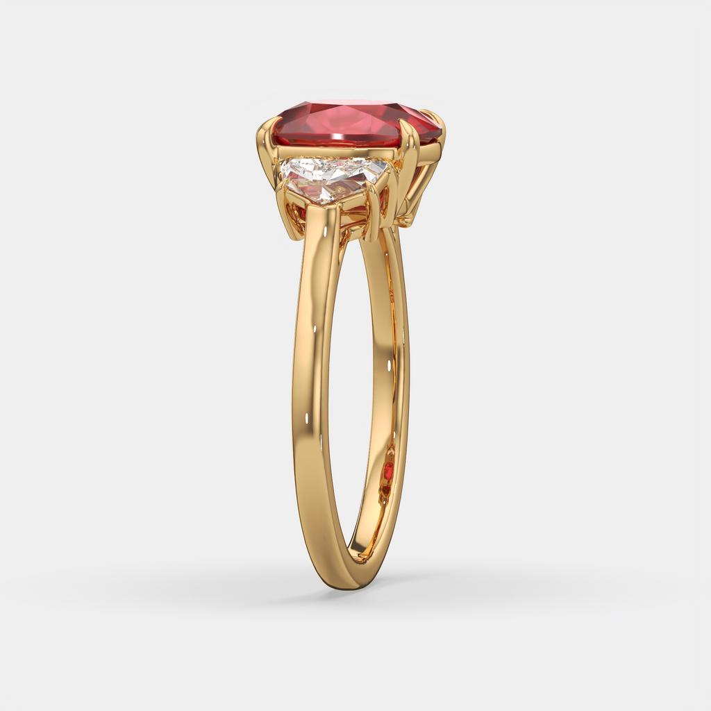 4.00 Ct Cushion Red Ruby and Diamond Three Stone Ring, in yellow gold, side profile