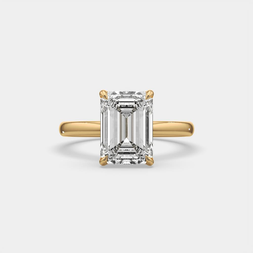 4.00 Ct D VS1 Emerald Cut Lab-Grown Diamond Solitaire Ring, in yellow gold, front view
