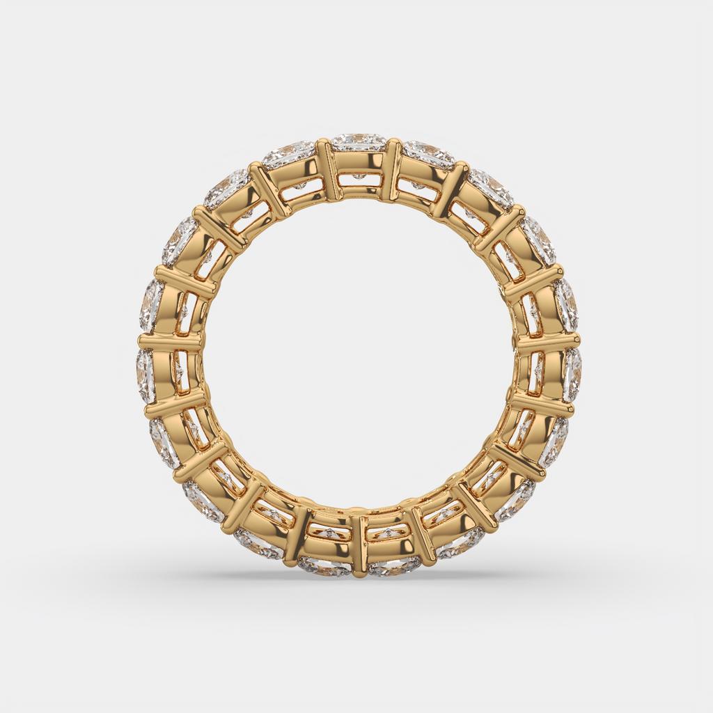 4.00 Ct D-E Color VS1 Cushion Lab Diamond Eternity Ring, in yellow gold, front view
