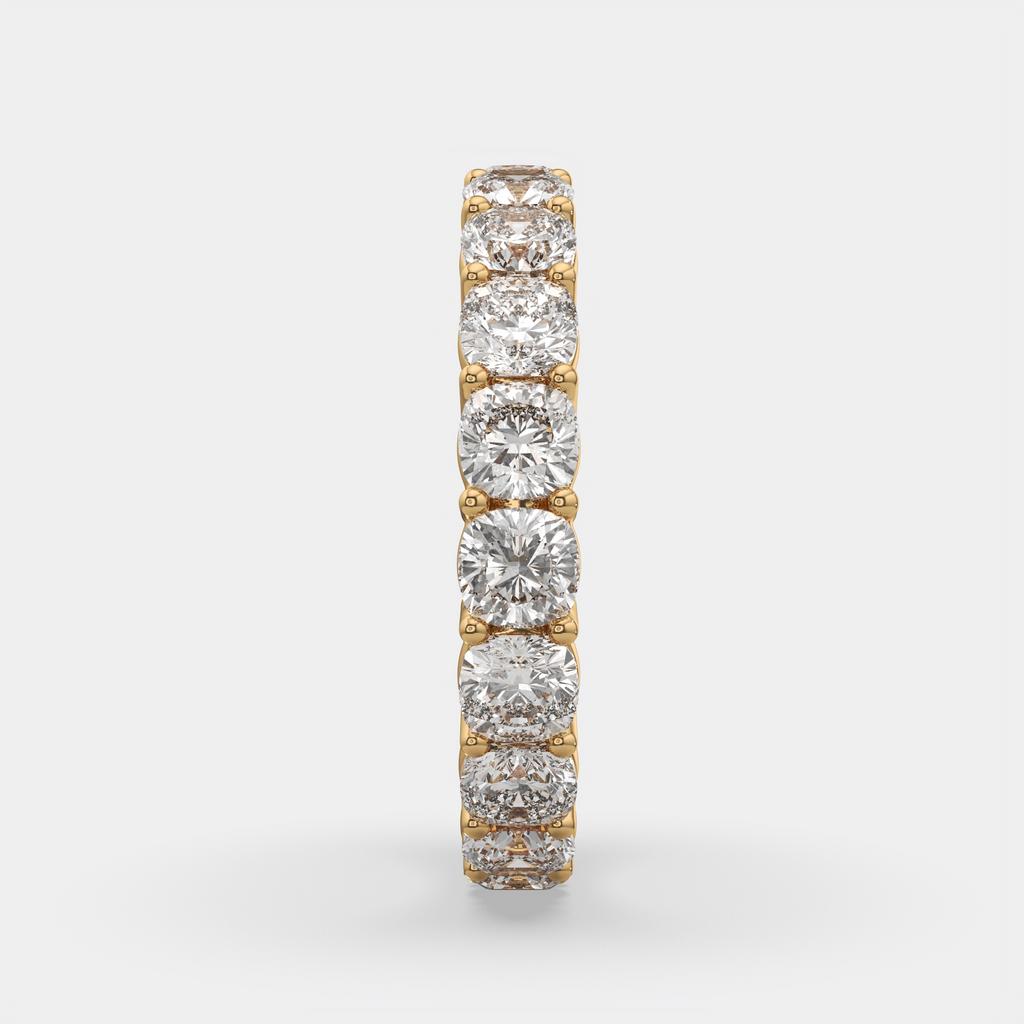 4.00 Ct D-E Color VS1 Cushion Lab Diamond Eternity Ring, in yellow gold, side profile