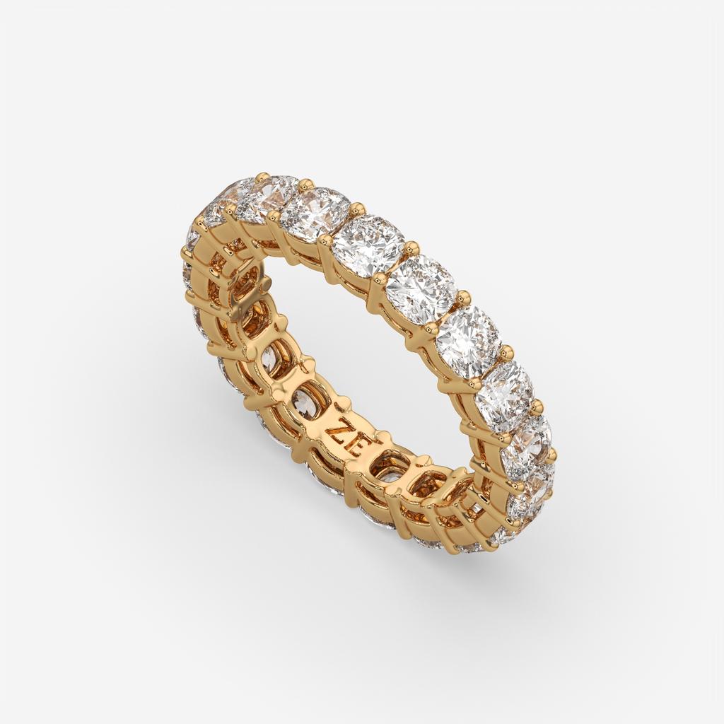 4.00 Ct D-E Color VS1 Cushion Lab Diamond Eternity Ring, in yellow gold, side profile