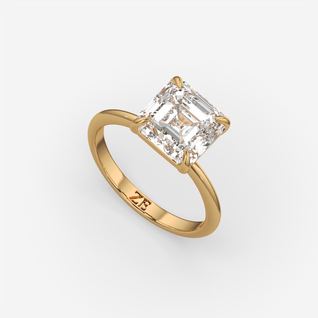 4.00 Ct E VS1 Asscher Cut Lab-Grown Diamond Solitaire Ring, in yellow gold, front view