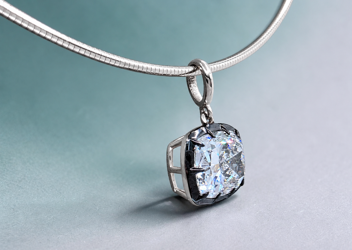 4.00 Ct E VS1 Cushion Lab-Grown Diamond Georgian Pendant, in white gold, front view