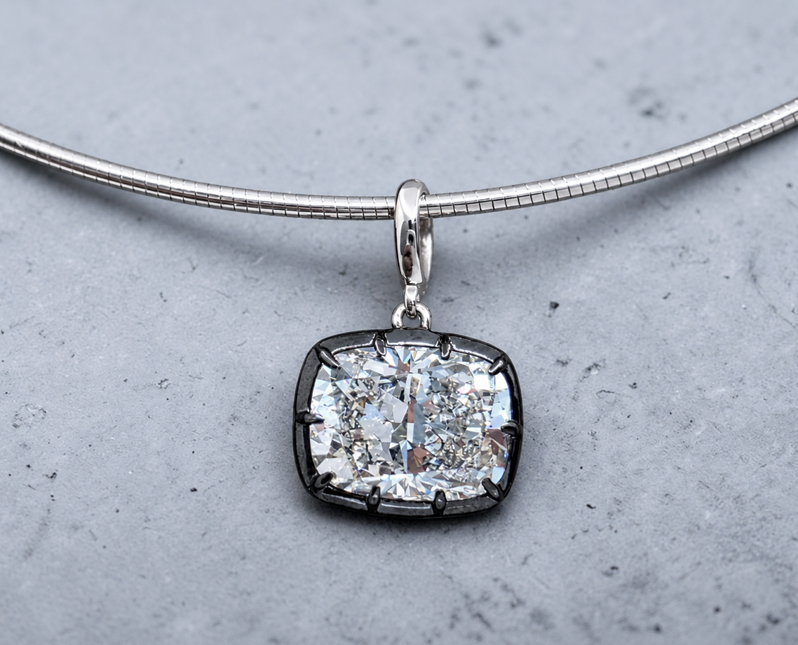 4.00 Ct E VS1 Cushion Lab-Grown Diamond Georgian Pendant, in white gold, front view