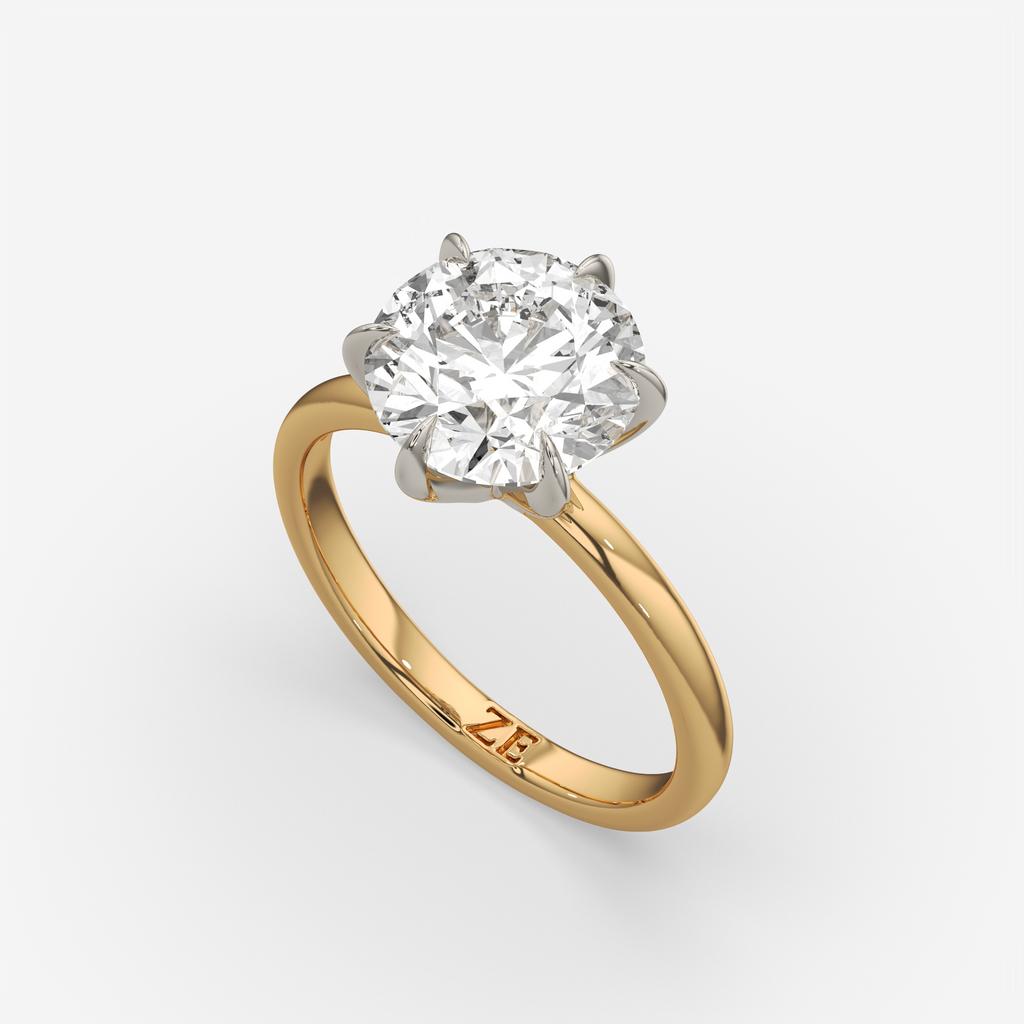 4.00 Ct E VS1 Round Brilliant 6 Prong Solitaire Diamond Ring, in yellow gold, front view