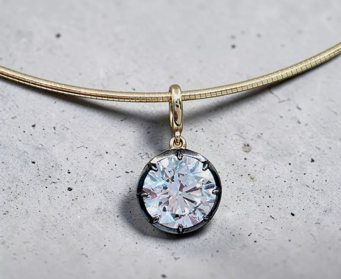 4.00 Ct E VS1 Round Brilliant Lab-Grown Diamond Georgian Pendant, in yellow gold, front view