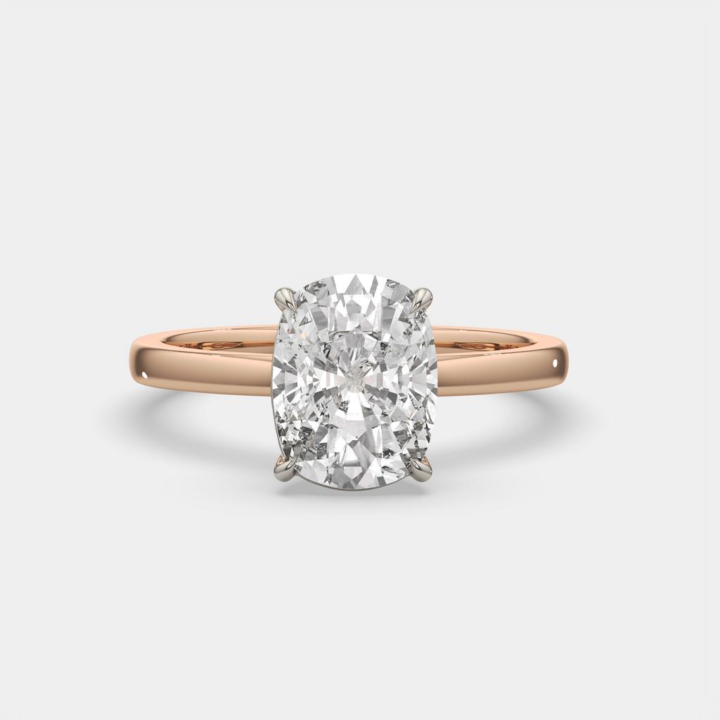4.00 Ct F VS1 Elongated Cushion Solitaire Lab Diamond Ring, in rose gold, front view
