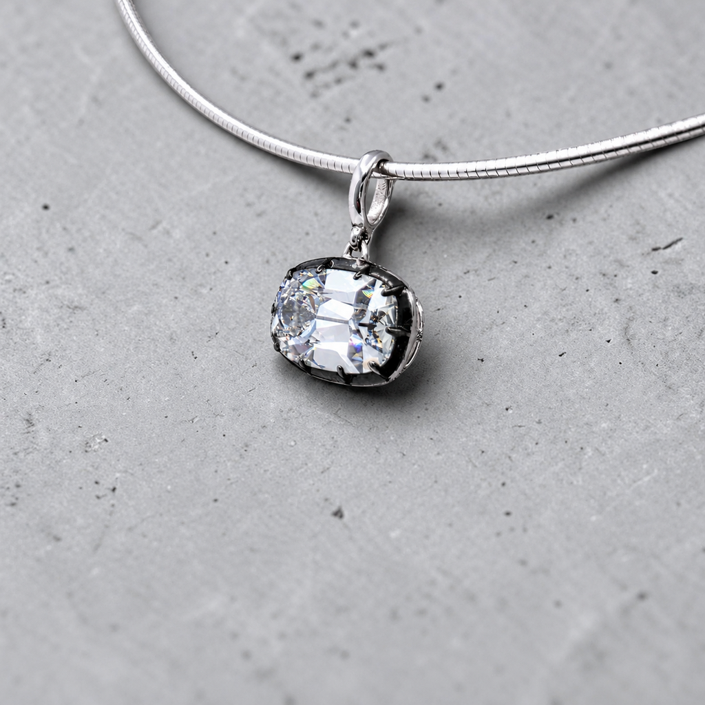 4.00 Ct F VS1 Old Mine Cushion Lab-Grown Diamond Georgian Pendant, in white gold, front view