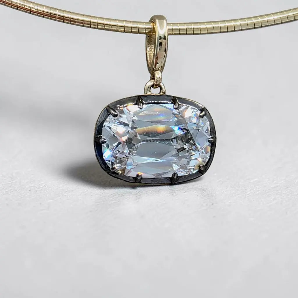 4.00 Ct F VS1 Old Mine Cushion Lab-Grown Diamond Georgian Pendant, in yellow gold, front view