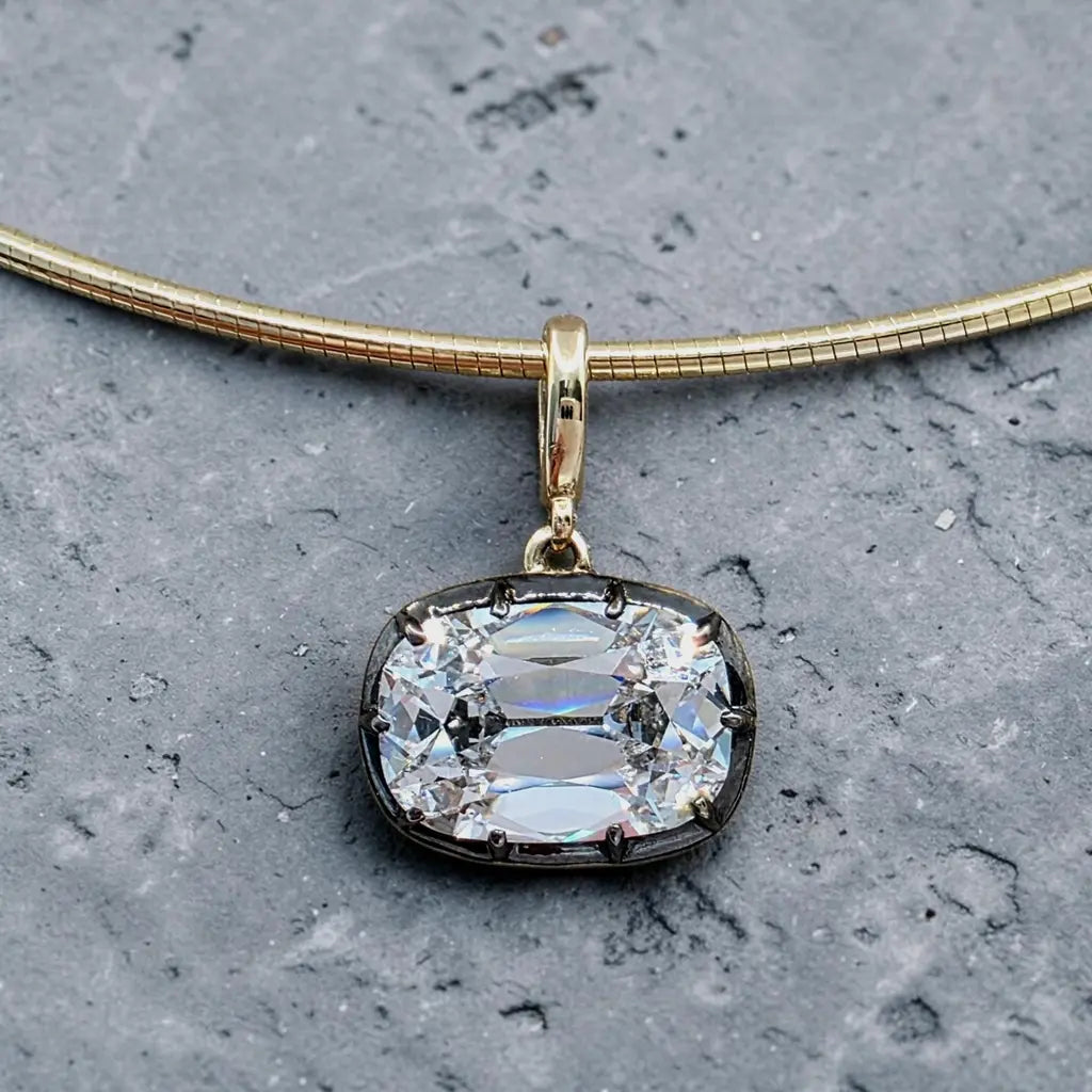 4.00 Ct F VS1 Old Mine Cushion Lab-Grown Diamond Georgian Pendant, in yellow gold, front view