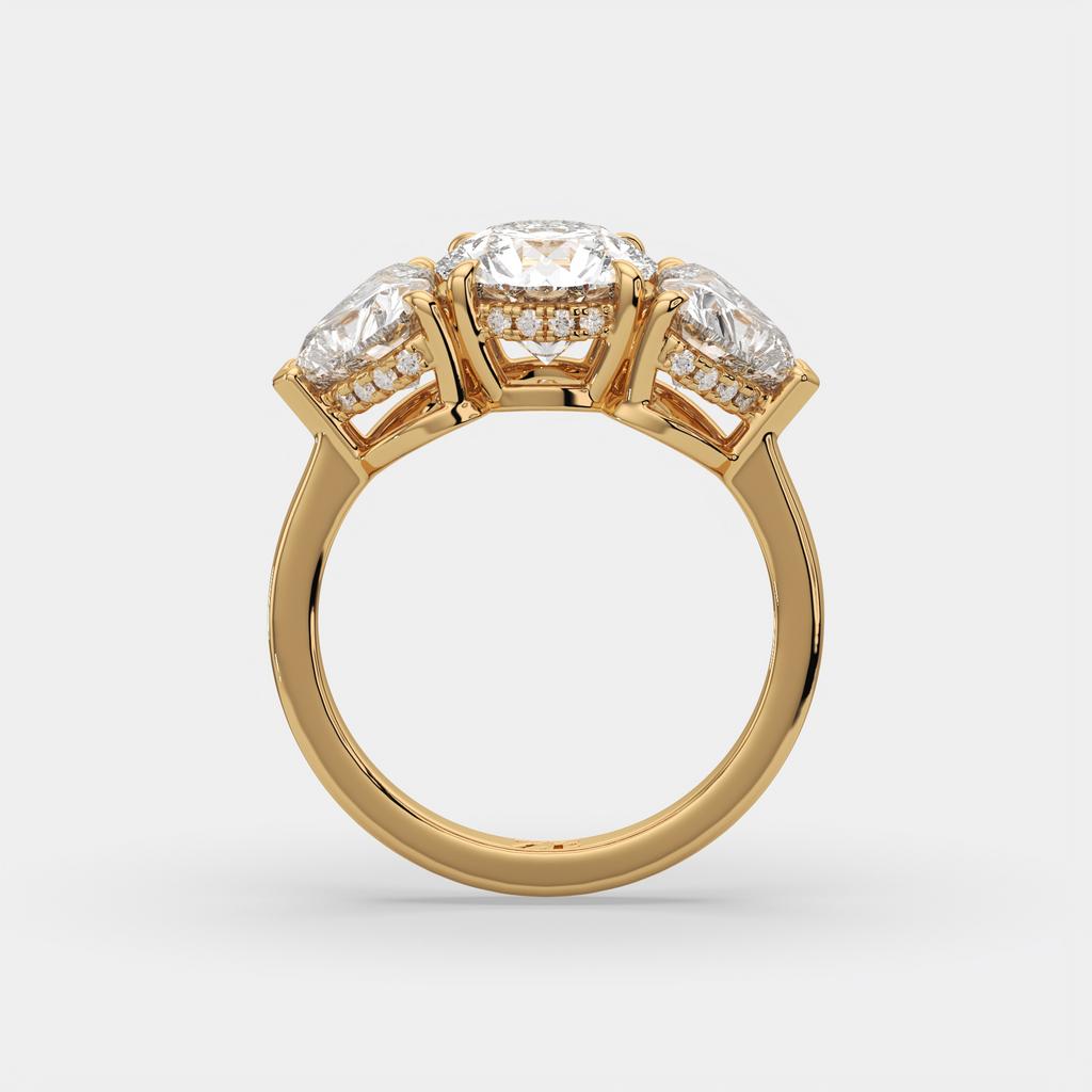 4.15 Ct D VS1 Round 3 Stone Ring With Heart Shape Accents and Halo, in yellow gold, side profile