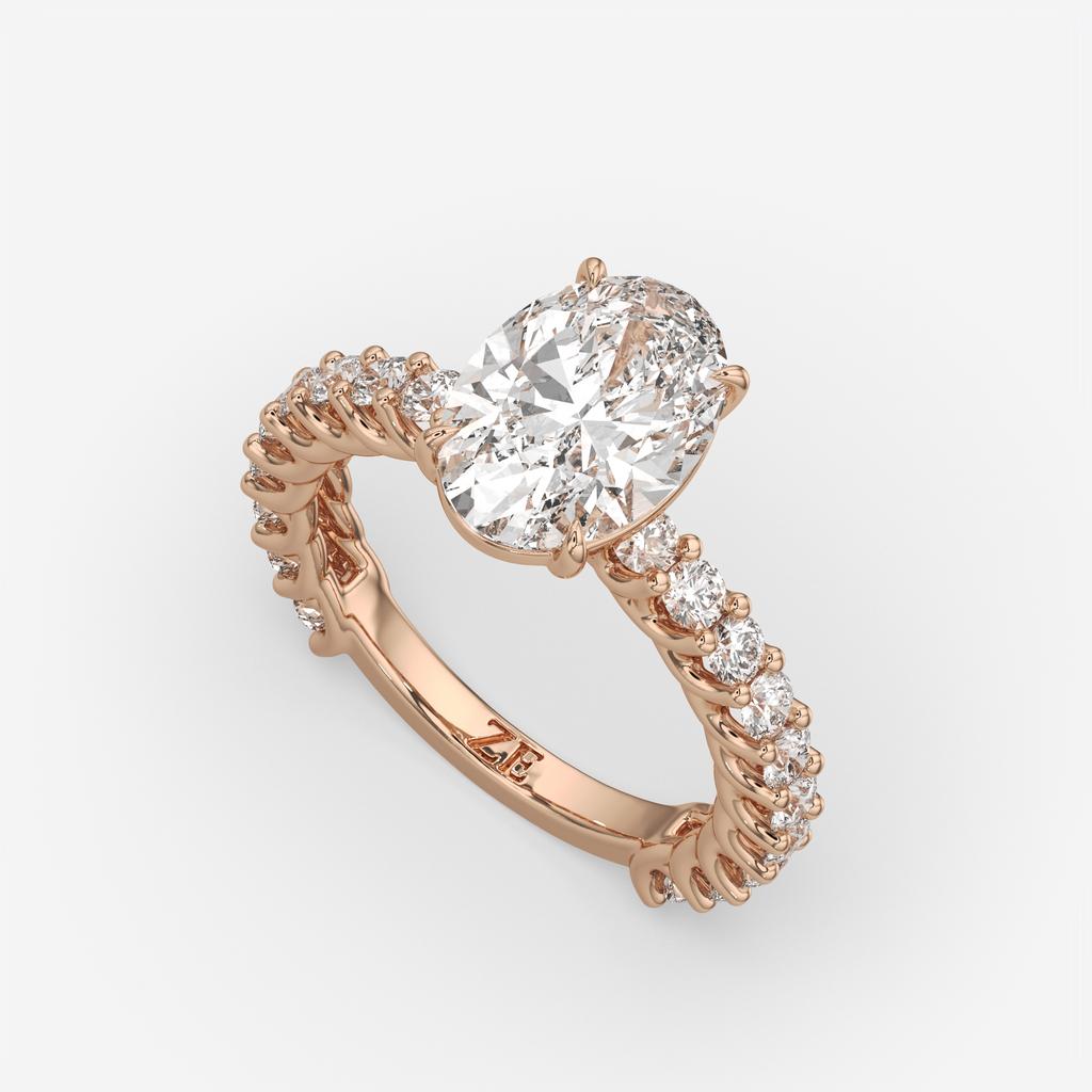 4.20 Ct Oval E VS1 Diamond Ring With Baguette and Round Accents, in rose gold, front view