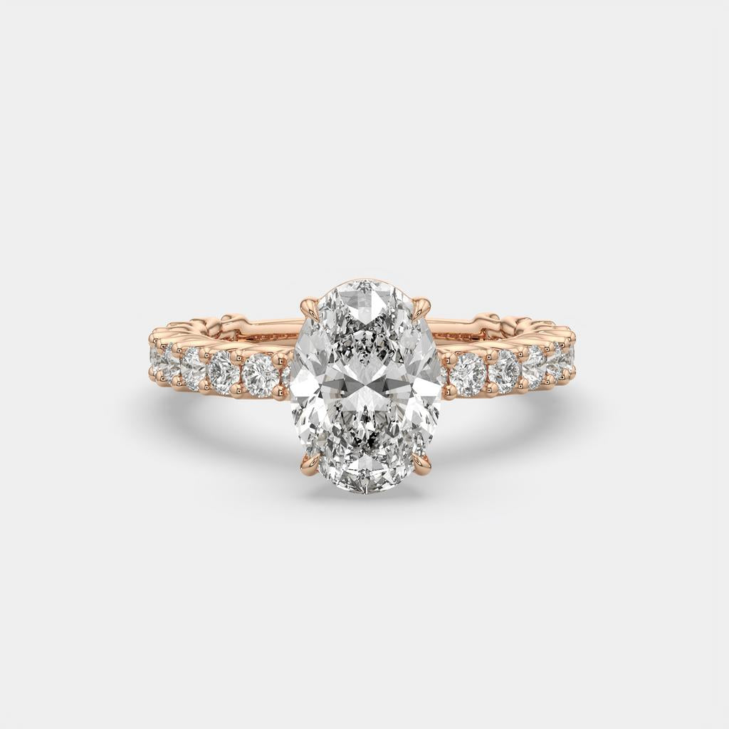 4.20 Ct Oval E VS1 Diamond Ring With Baguette and Round Accents, in rose gold, front view