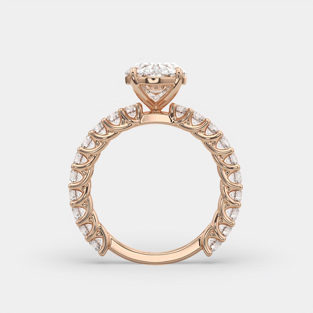 4.20 Ct Oval E VS1 Diamond Ring With Baguette and Round Accents, in rose gold, side profile