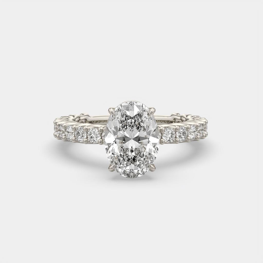 4.20 Ct Oval E VS1 Diamond Ring With Baguette and Round Accents, in white gold, front view