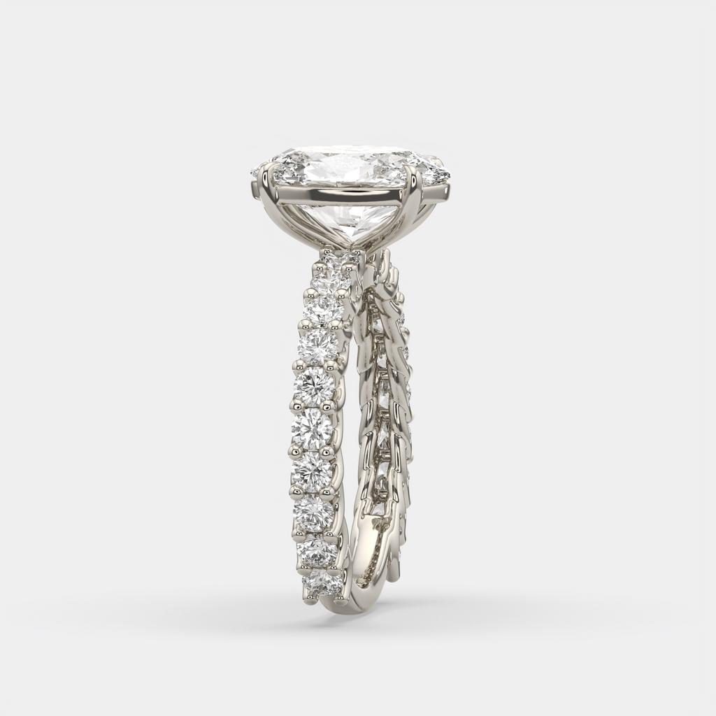 4.20 Ct Oval E VS1 Diamond Ring With Baguette and Round Accents, in white gold, side profile