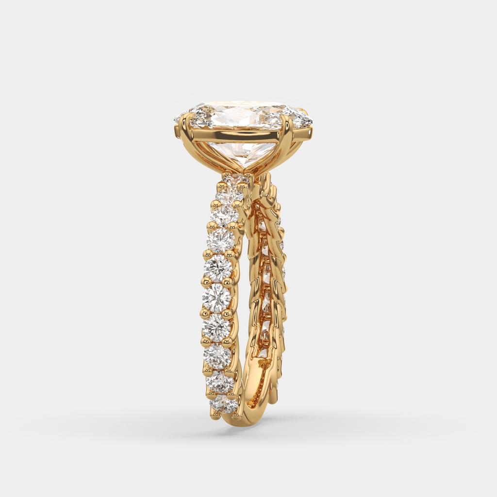4.20 Ct Oval E VS1 Diamond Ring With Baguette and Round Accents, in yellow gold, side profile