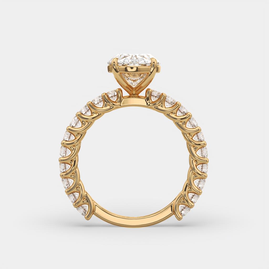 4.20 Ct Oval E VS1 Diamond Ring With Baguette and Round Accents, in yellow gold, side profile