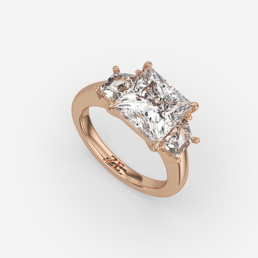 4.60 Ct E VS1 Princess Cut Lab-Grown Diamond Three Stone Ring with Trapezoid Accents, in rose gold, front view