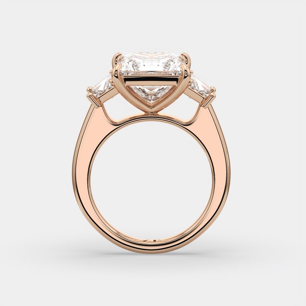4.60 Ct E VS1 Princess Cut Lab-Grown Diamond Three Stone Ring with Trapezoid Accents, in rose gold, side profile