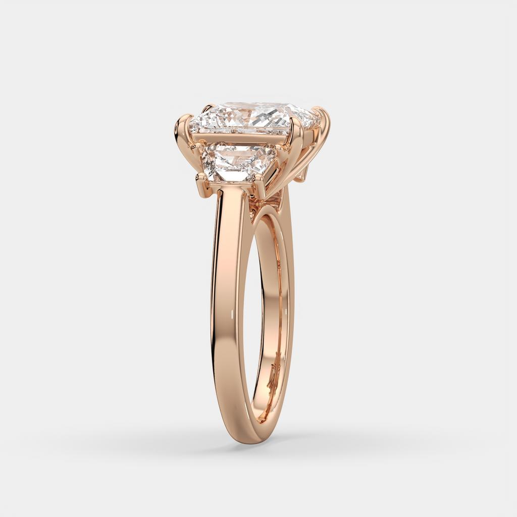 4.60 Ct E VS1 Princess Cut Lab-Grown Diamond Three Stone Ring with Trapezoid Accents, in rose gold, side profile