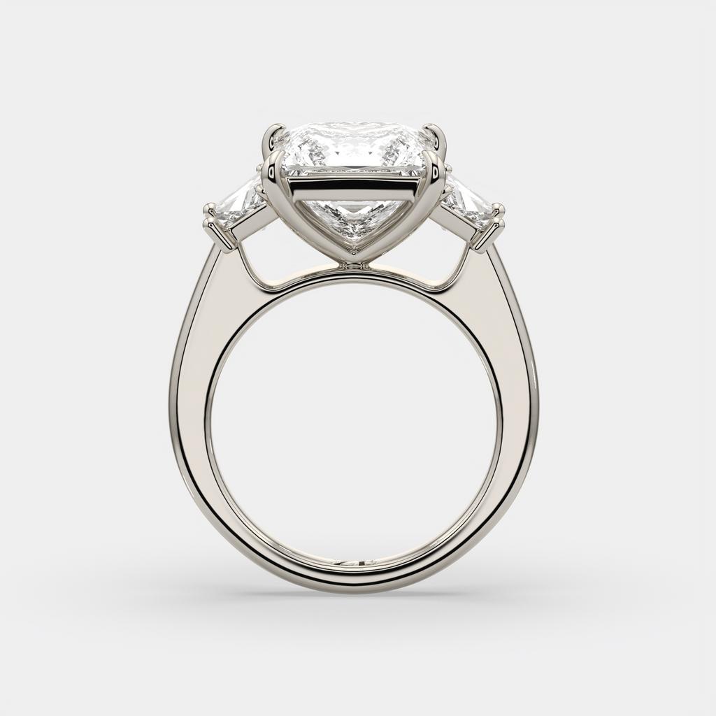 4.60 Ct E VS1 Princess Cut Lab-Grown Diamond Three Stone Ring with Trapezoid Accents, in white gold, side profile