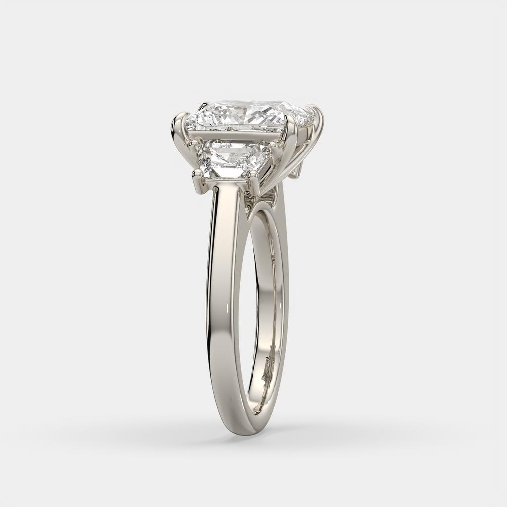 4.60 Ct E VS1 Princess Cut Lab-Grown Diamond Three Stone Ring with Trapezoid Accents, in white gold, side profile