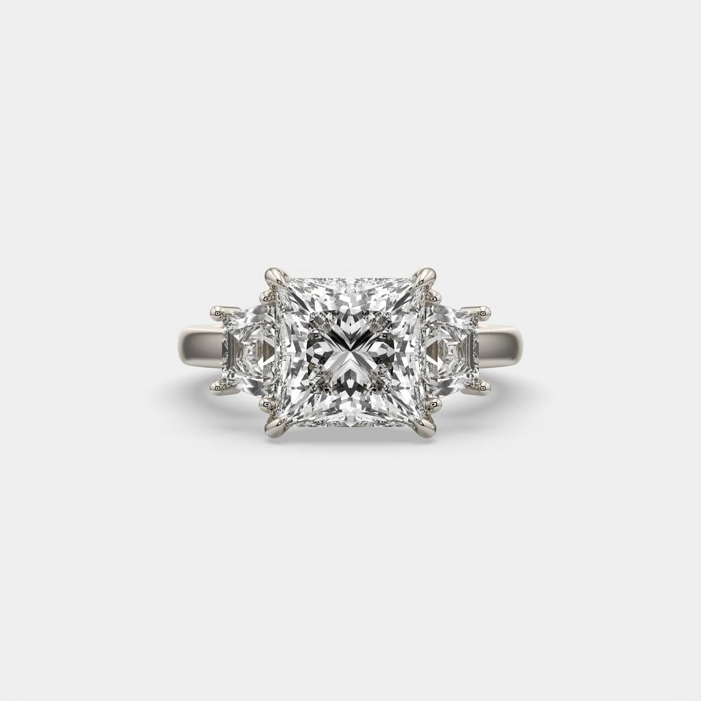 4.60 Ct E VS1 Princess Cut Lab-Grown Diamond Three Stone Ring with Trapezoid Accents, in white gold, top view