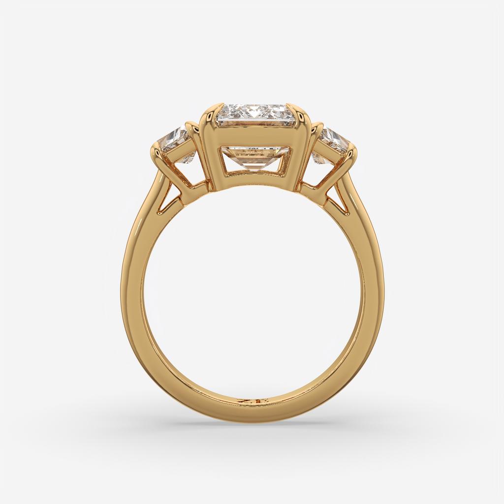 4.60 Ct E VS1 Emerald Cut Diamond Three Stone Ring with Step Cut Trapezoid Accents, in yellow gold, front view