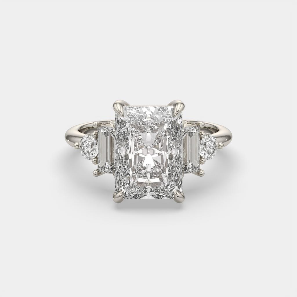 4.70 Ct E Color VS1 Radiant Cut Diamond Ring With Baguette and Round Accents, in white gold, front view