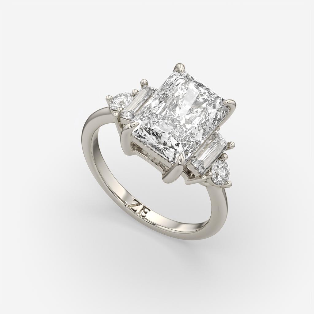 4.70 Ct E Color VS1 Radiant Cut Diamond Ring With Baguette and Round Accents, in white gold, front view