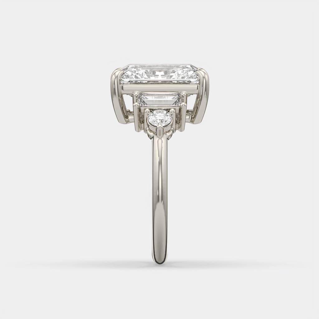 4.70 Ct E Color VS1 Radiant Cut Diamond Ring With Baguette and Round Accents, in white gold, side profile