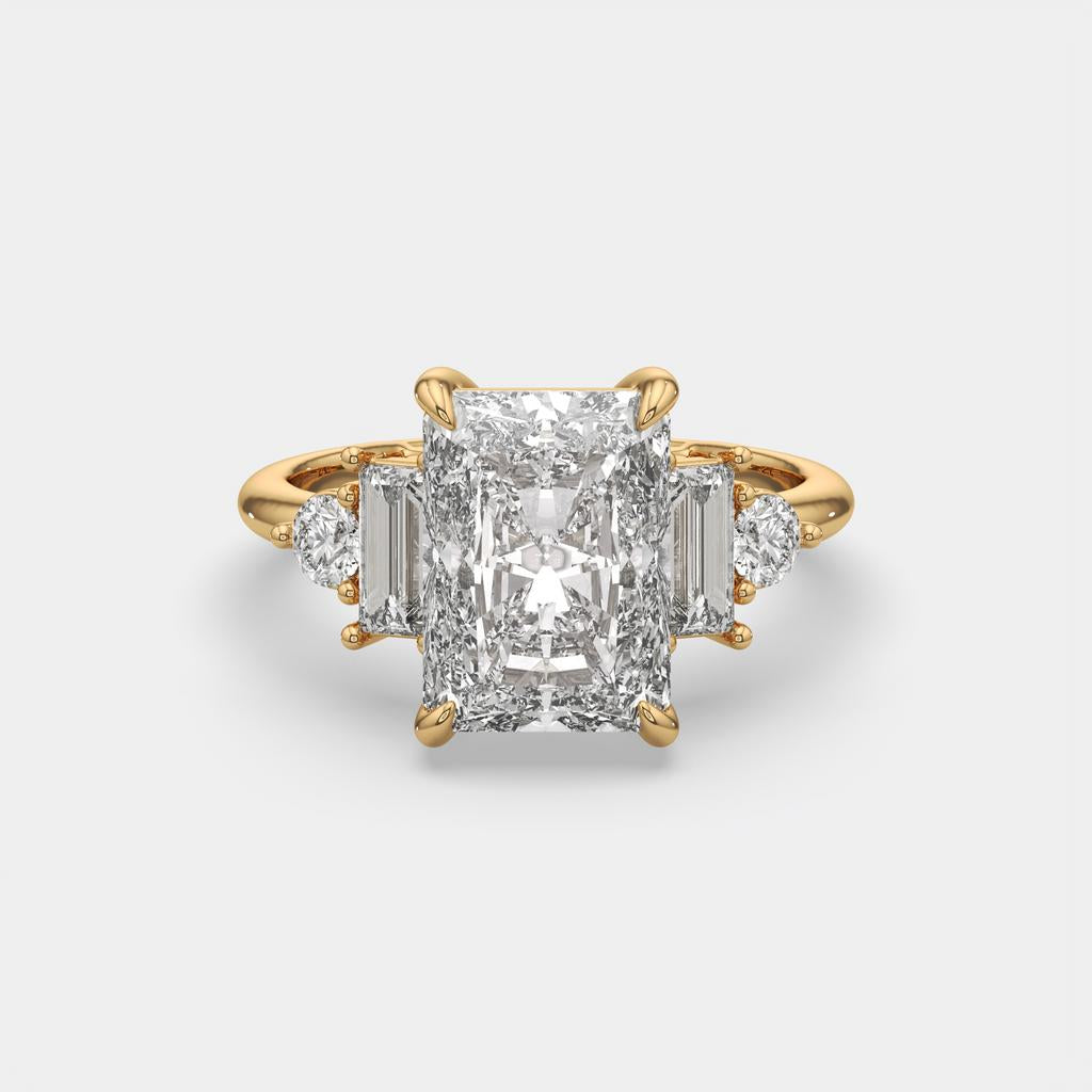 4.70 Ct E Color VS1 Radiant Cut Diamond Ring With Baguette and Round Accents, in yellow gold, front view