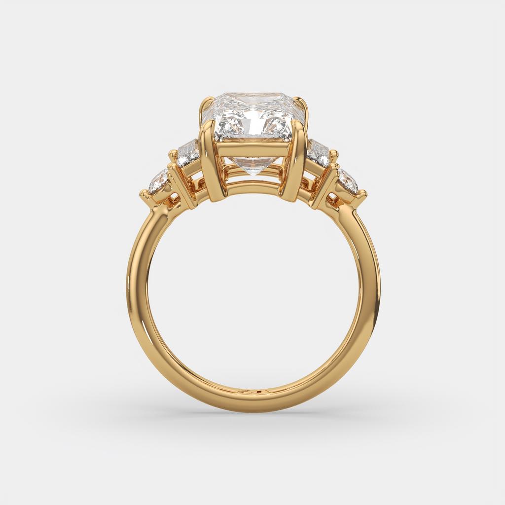 4.70 Ct E Color VS1 Radiant Cut Diamond Ring With Baguette and Round Accents, in yellow gold, side profile