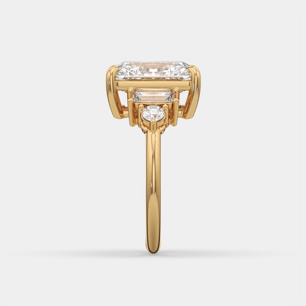 4.70 Ct E Color VS1 Radiant Cut Diamond Ring With Baguette and Round Accents, in yellow gold, side profile